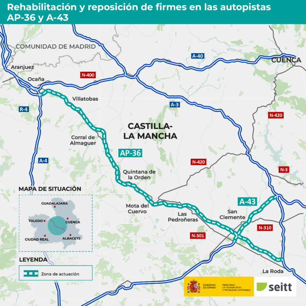 Reponen el firme de 175,2 kilómetros de la AP-36 y la A-43 