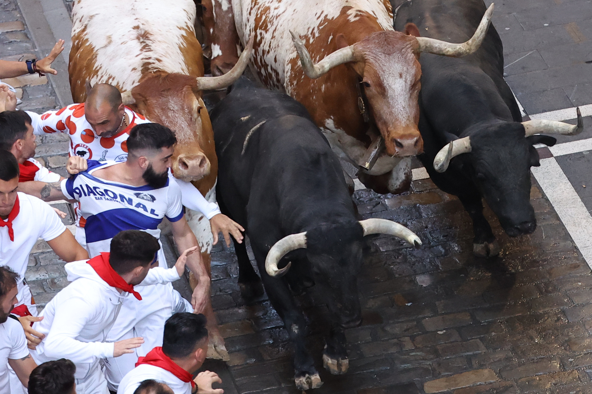 Los toros Cebada Gago protagonizan un encierro rápido y peligroso  / EFE/J.P. URDIROZ